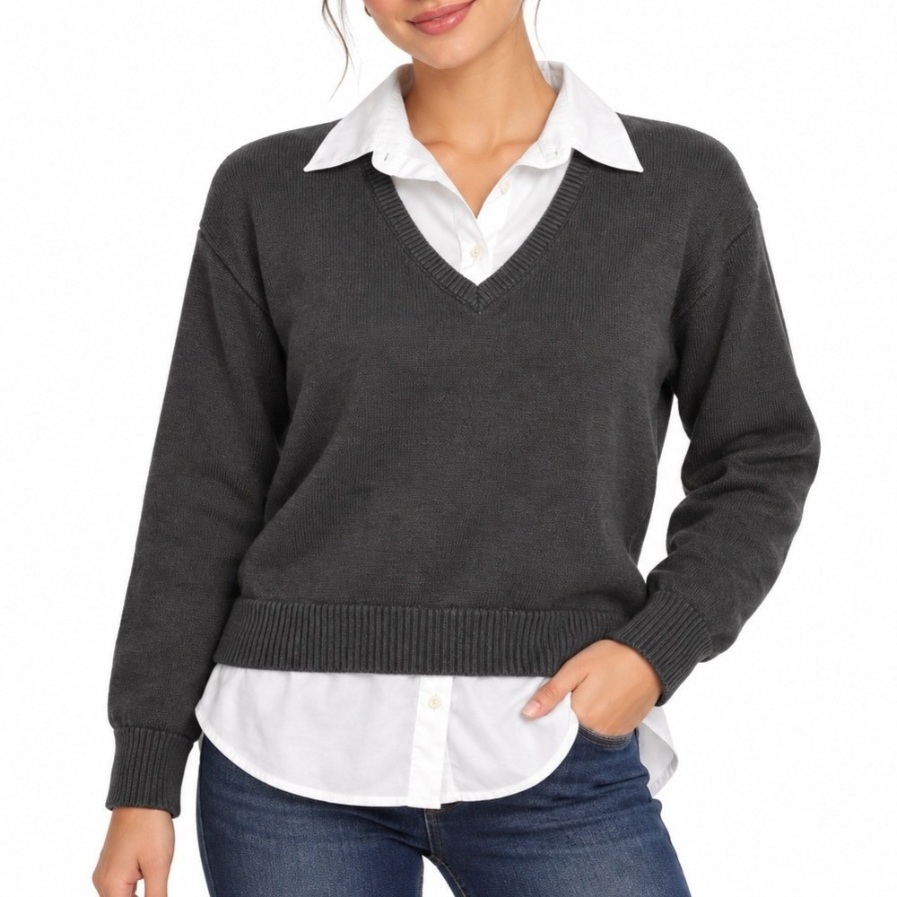 Lauren Ralph Lauren Sweater Womens L Black Layered V-Neck Cotton Preppy 5802